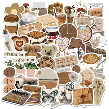 10/30/60PCS Vintage Brown Sticker Aesthetic PVC Laptop Sketchbook Children's Stationery Decoraction Scrapbooking School Supplies (Online Order Only)