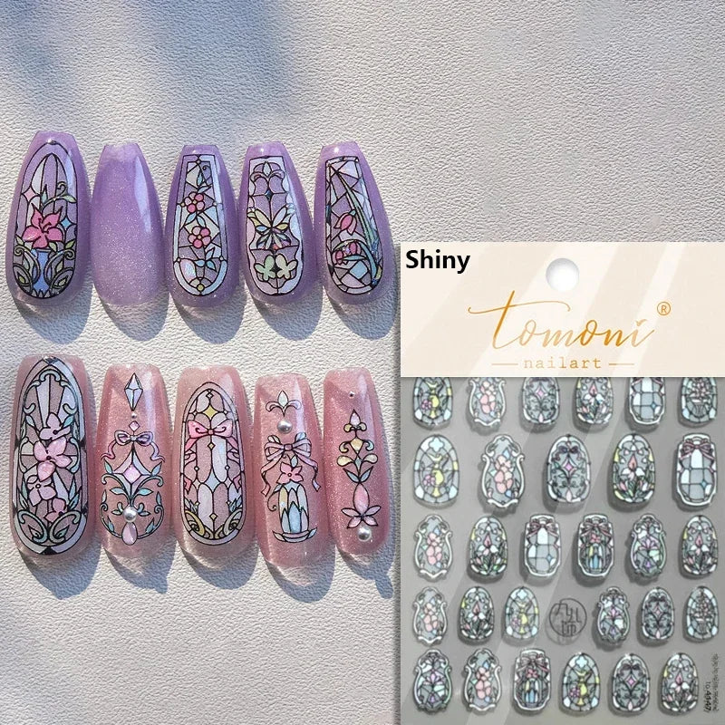 French Style Colorful Square Grid Rhombus Stripe Bowknot Line 3D Self Adhesive Nail Art Stickers Shiny Rhinestone Manicure Decal (Online Order Only)