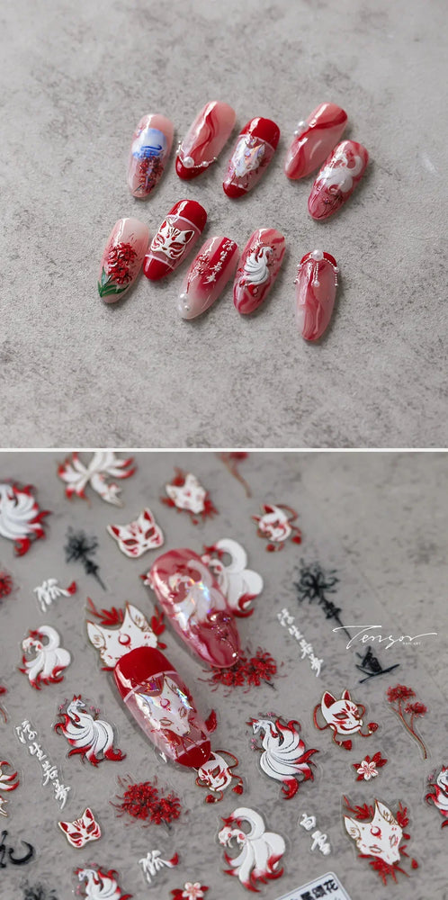 Pretty Red Equinox Flowers Tragedy Love Nine-tailed Fox Mask Manjusaka Chinese Style Soft Relief Nail Art Sticker Manicure Decal (ONLINE ORDER ONLY)