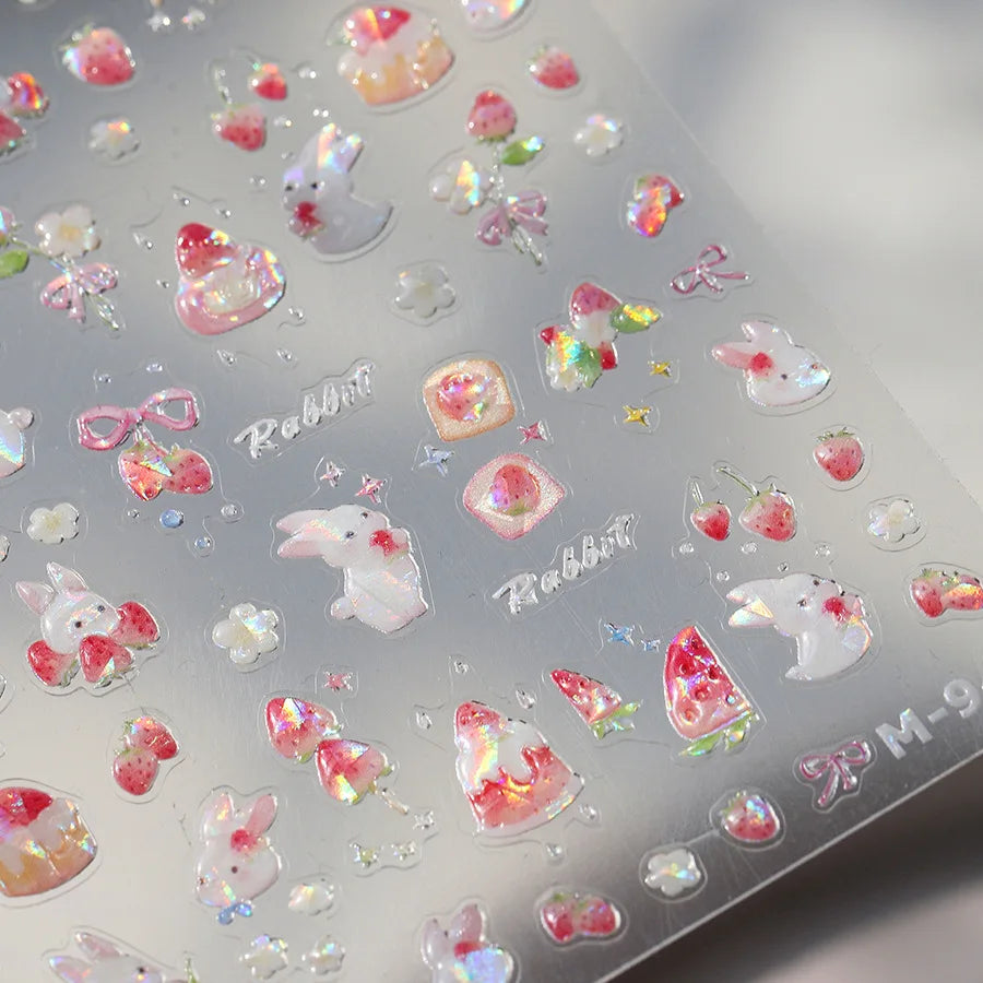 Cute White Rabbit Bunny Strawberry Flower Pudding Star Bowknot Fruit Delicate Adhesive Nail Art Sticker Charming Manicure Decal (Online Order Only)