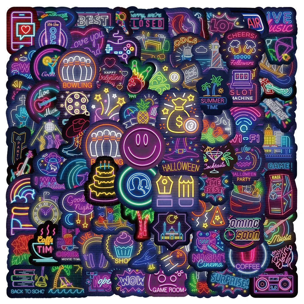 Cartoon Neon Light Graffiti Stickers Decals for Laptop Phone Suitcase Fridge - 10/30/50/100pcs (Online Order Only)