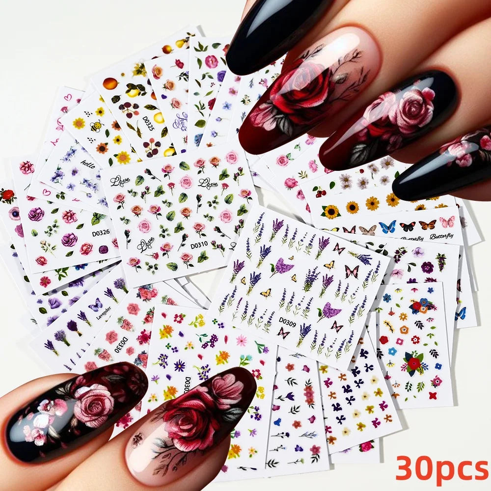 30Pcs/Set Red Golden 3D Nail Art Sticker Hot Stamping Hollow Decals Mixed Designs Adhesive Flower Nail Tips Letter Butterfly Set (Online Order Only)