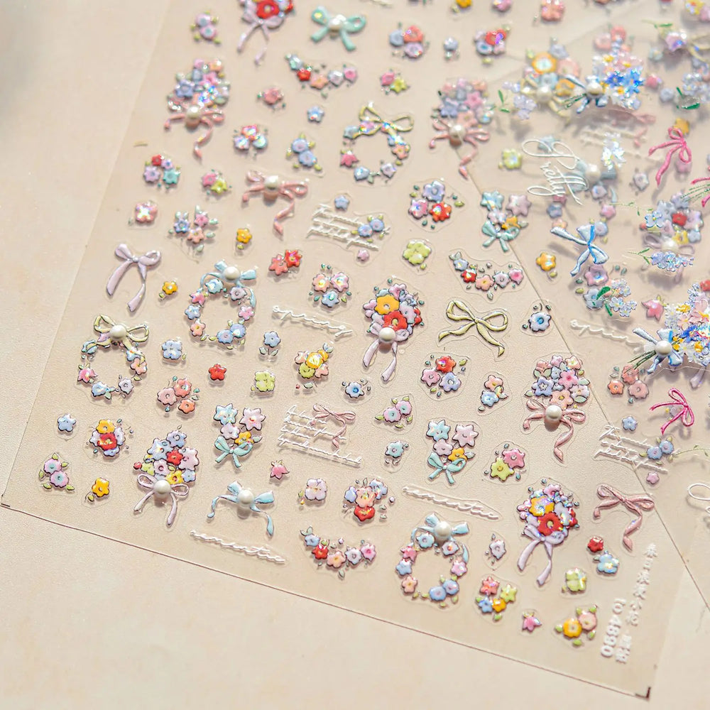 Cute Spring Flowers Purple Blue White Bowknot Rose Garden Daisy 5D Soft Embossed Relief Adhesive Nail Art Sticker Manicure Decal (ONLINE ORDER ONLY)