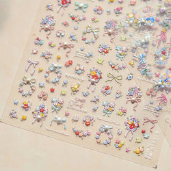 Cute Spring Flowers Purple Blue White Bowknot Rose Garden Daisy 5D Soft Embossed Relief Adhesive Nail Art Sticker Manicure Decal (ONLINE ORDER ONLY)