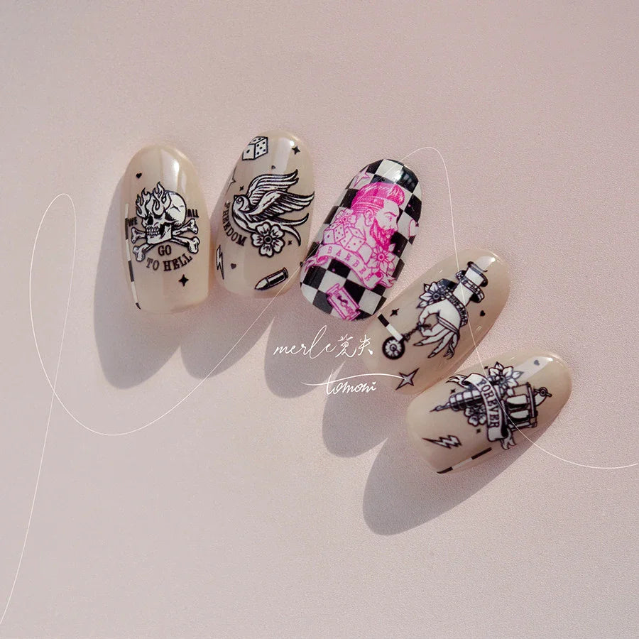 Retro Black Line Skull Man Woman 5D Embossed Relief Self Adhesive Nail Art Sticker Bear Bunny Hand Bird Horror 3D Manicure Decal (Online Order Only)