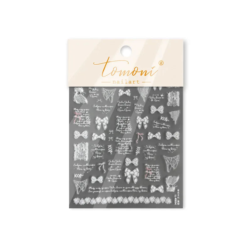 Retro White Lace Fabric Piece Bowknot English Letter Decorative Border Irregular Cloth Block Adhesive Nail Art Stickers Decals (ONLINE ORDER ONLY)