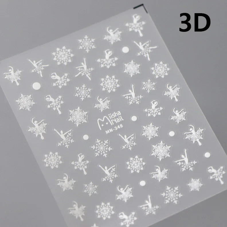 Hot Stamping Romantic White Gold Snowflakes Hexagon Winter 3D Self Adhesive Nail Art Stickers Shiny Rhinestone Manicure Decals (Online Order Only)