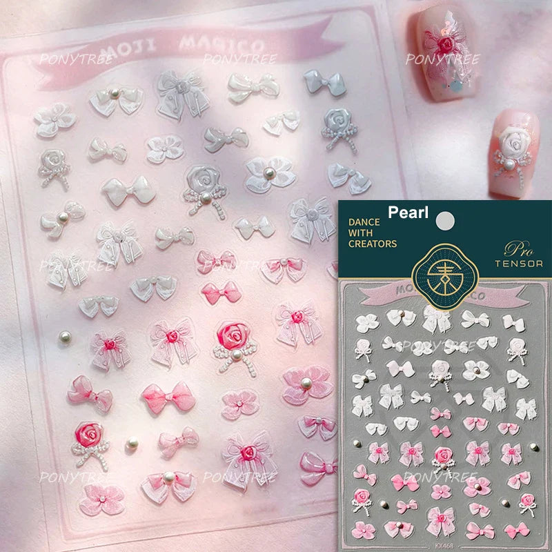 Chic Pink White Rose Flower Lace Bowknot Ribbon Jelly 5D Pearl Romantic Charming Self Adhesive Nail Art Sticker Manicure Decals (ONLINE ORDER ONLY)