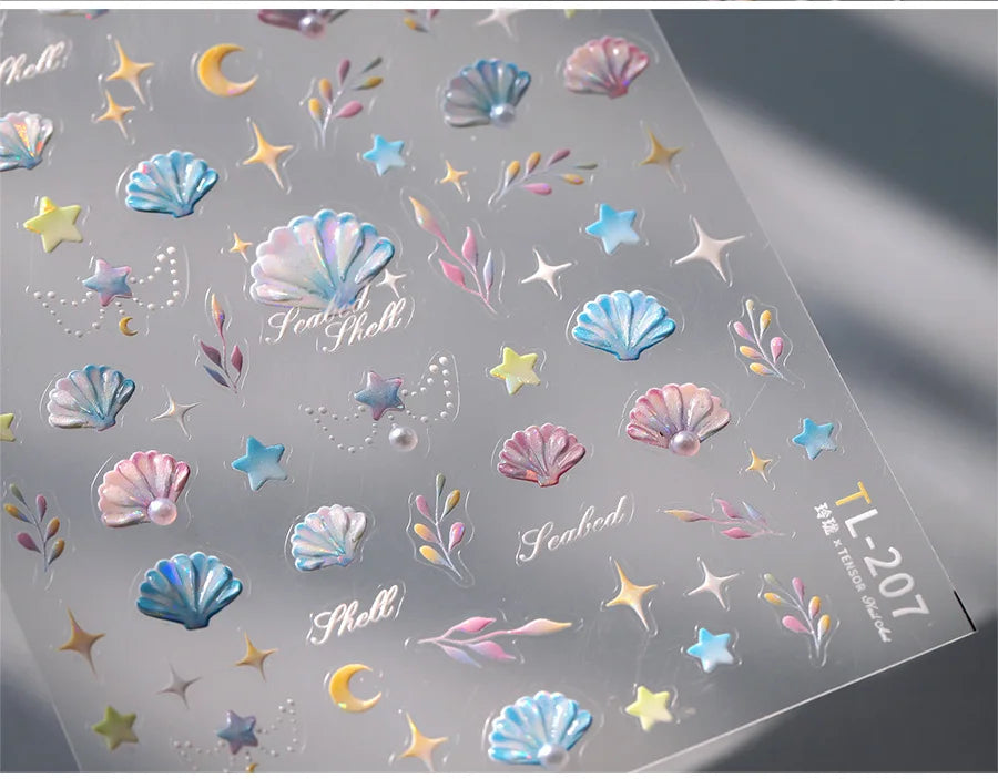 Romantic Pink Blue Shell Sea Grass Star Moon Summer Self Adhesive Nail Art Stickers Leaves Reliefs Manicure Decals Wholesale (ONLINE ORDER ONLY)