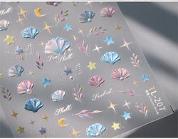 Romantic Pink Blue Shell Sea Grass Star Moon Summer Self Adhesive Nail Art Stickers Leaves Reliefs Manicure Decals Wholesale (ONLINE ORDER ONLY)