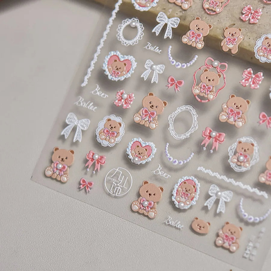 Retro Love Heart White Lace flower Bowknot Tie Pink Bear Flower Strawberry Adhesive Nail Art Stickers Rhinestone Manicure Decals (ONLINE ORDER ONLY)