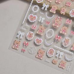 Retro Love Heart White Lace flower Bowknot Tie Pink Bear Flower Strawberry Adhesive Nail Art Stickers Rhinestone Manicure Decals (ONLINE ORDER ONLY)