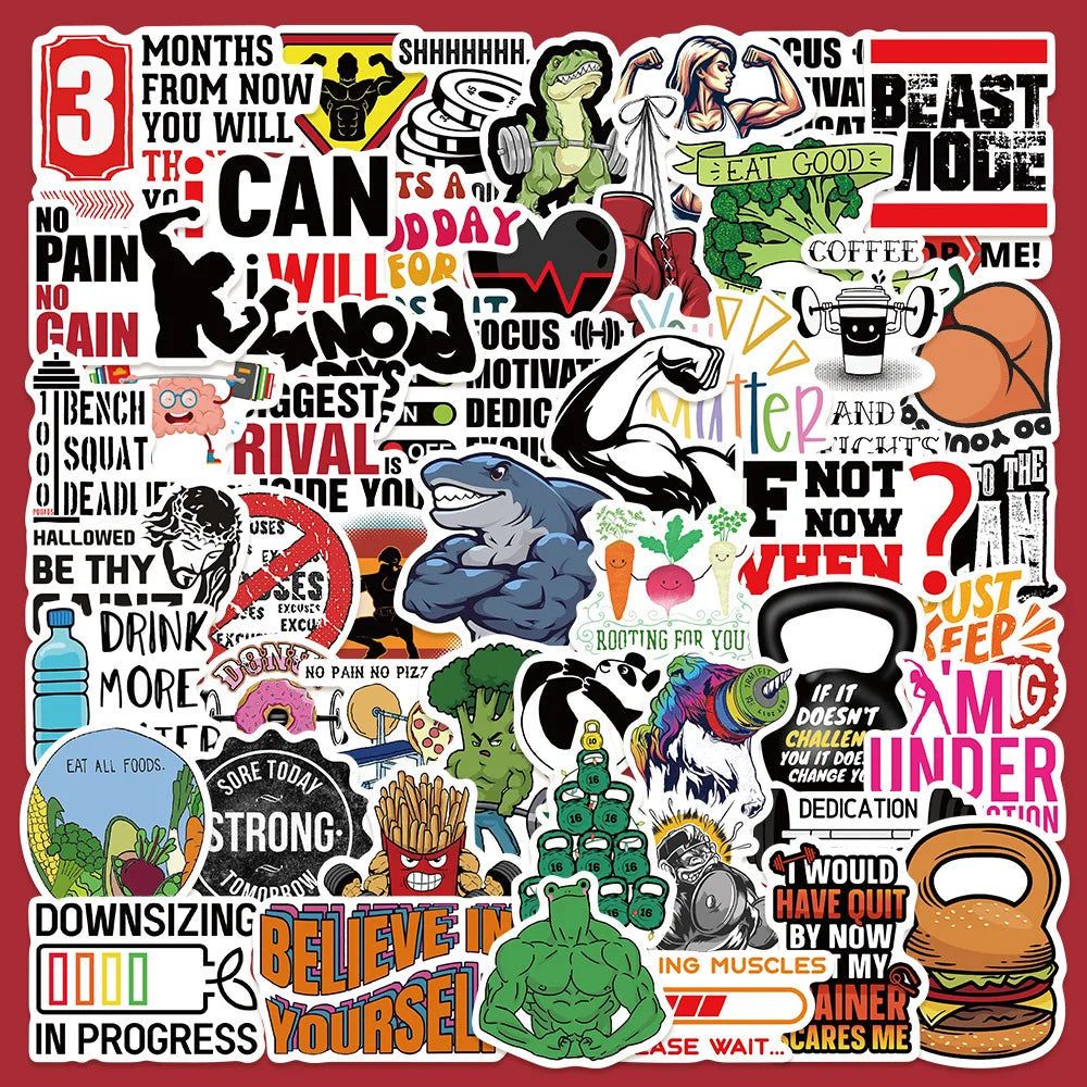 50pcs Fitness Quote Graffiti Stickers for Helmet, Wall, DIY Decor (ONLINE ORDER ONLY)