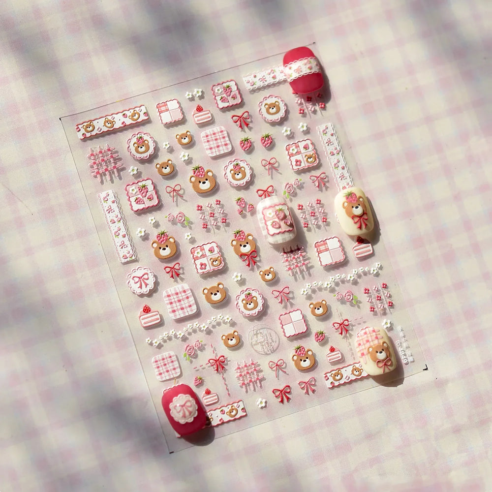 Lovely Bear Strawberry Cake Rose Flower Grid Block Bowknot Embossed Relief Self Adhesive Nail Art Sticker Cute 3D Manicure Decal (ONLINE ORDER ONLY)