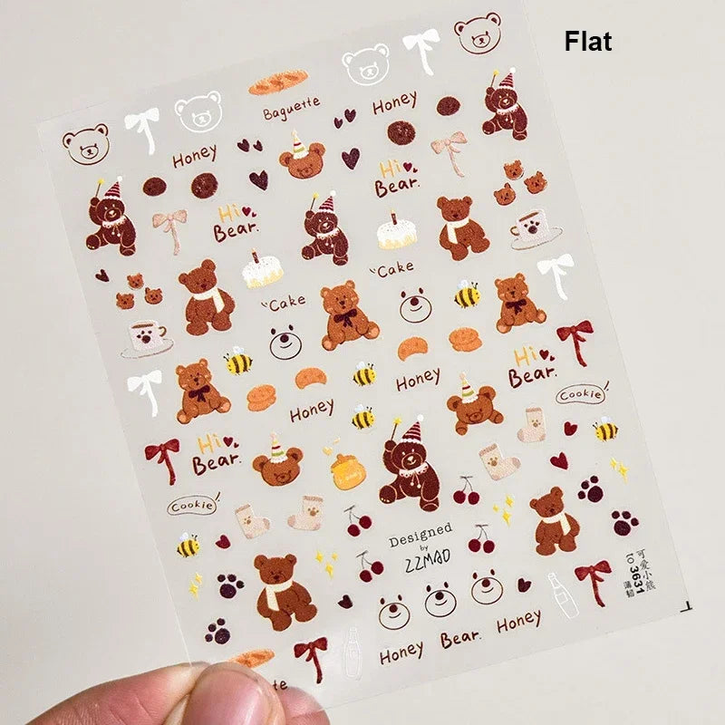 Retro Love Heart White Lace flower Bowknot Tie Pink Bear Flower Strawberry Adhesive Nail Art Stickers Rhinestone Manicure Decals (ONLINE ORDER ONLY)