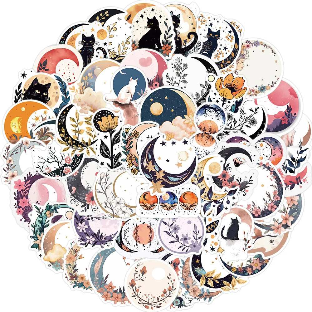 Moon Flower Black Cat Cartoon Stickers Decals for Skateboard Guitar Suitcase Motorcycle (Online Order Only)