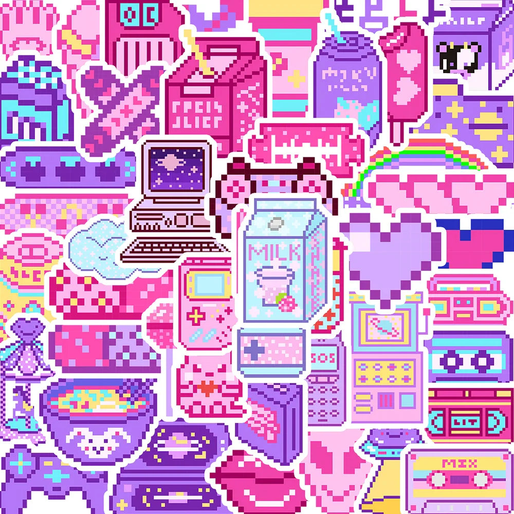50PCS Pixel Style Waterproof Stickers for Guitar, Helmet, Skateboard, Cup, Phone - Cool Gift Decals (Online Order Only)
