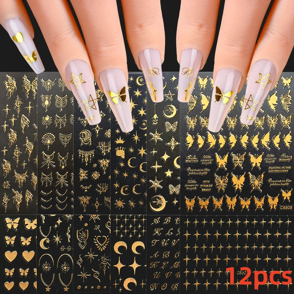 12PCS White Flowers Leaves 3D Nail Stickers Star/Moon/Sun Nail Art Decoration Decals Geometric Flower Stickers Nail Art Supplies (ONLINE ORDER ONLY)