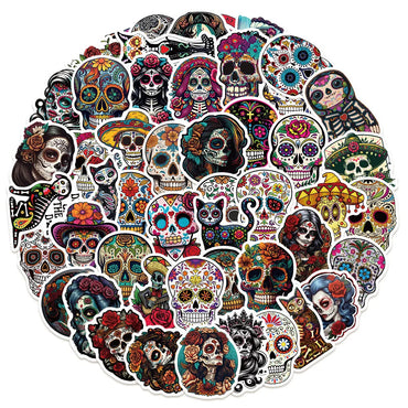 10/50PCS Mexico Horror Skull Flower Stickers Aesthetic Day of the Dead Decals Funny Graffiti DIY Fridge Skateboard Phone Sticker (Online Order Only)