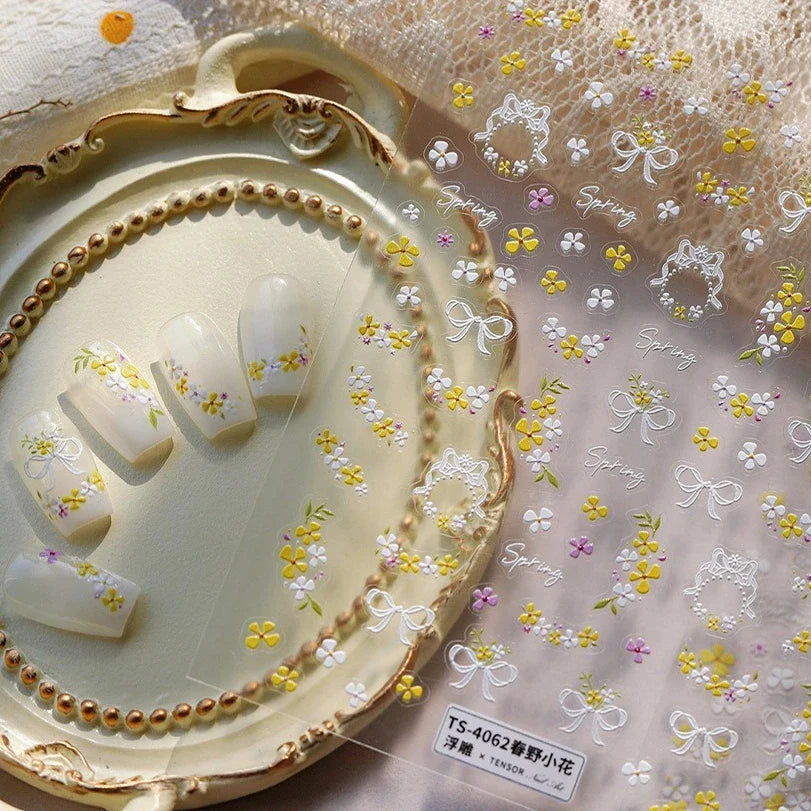Yellow Purple Mini Flower White Lace Bowknot Flower Bouquet Spring 5D  Adhesive Nail Art Decoration Stickers DIY Manicure Decals (ONLINE ORDER ONLY)