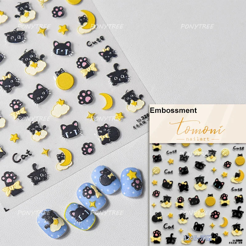 Cartoon Black Kitten Cute Cat Star Moon Bowknot Cat's Paw Flaky Cloud Self Adhesive Nail Art Decoration Stickers Manicure Decals (ONLINE ORDER ONLY)