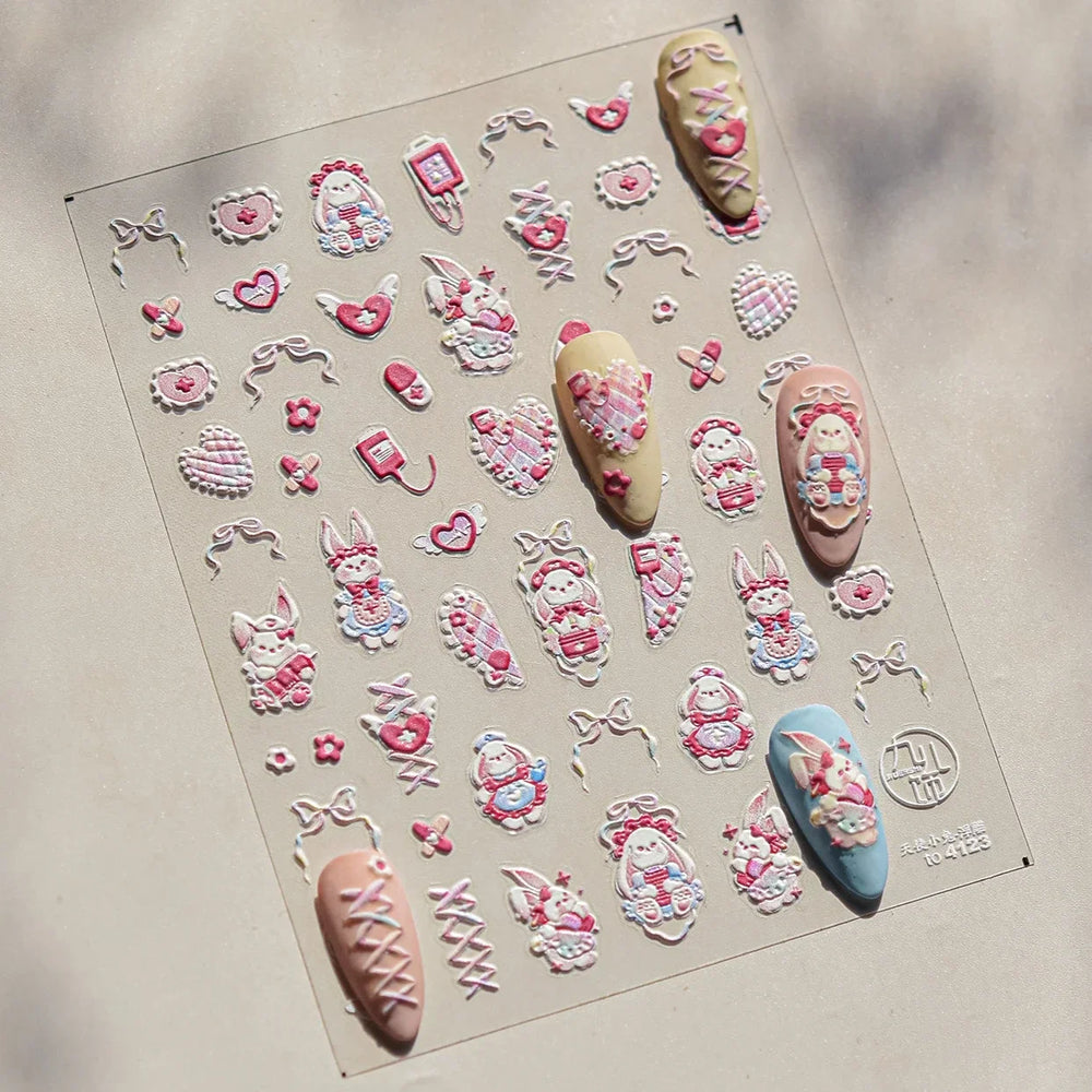 Bunny Love Heart Rabbit Nurse Cut Wound Bowknot Pill Flower Medicine Treatment Self Adhesive Nail Art Stickers Manicure Decals (ONLINE ORDER ONLY)