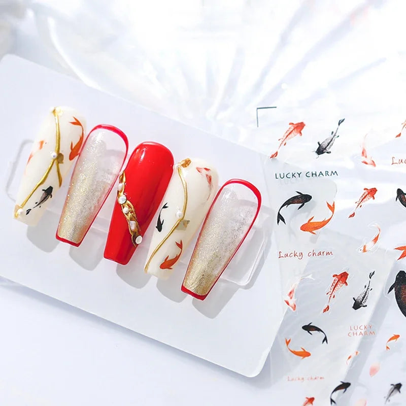 Chinese Black Red Lucky Carp Fish 3D Self Adhesive Nail Art Stickers 5D Soft Relief Nail Phone Decals Goldfish Beach Sea Summer (ONLINE ORDER ONLY)