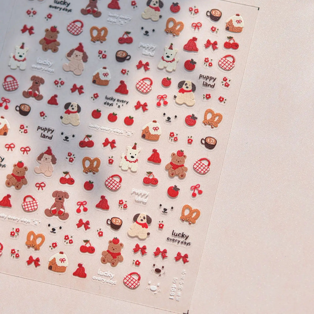 Cute Bowknot Dog Puppy Bear Strawberry Cake Fruit Juice Coffee Desserts Corgi Cherry Adhesive Nail Art Stickers Manicure Decals (ONLINE ORDER ONLY)