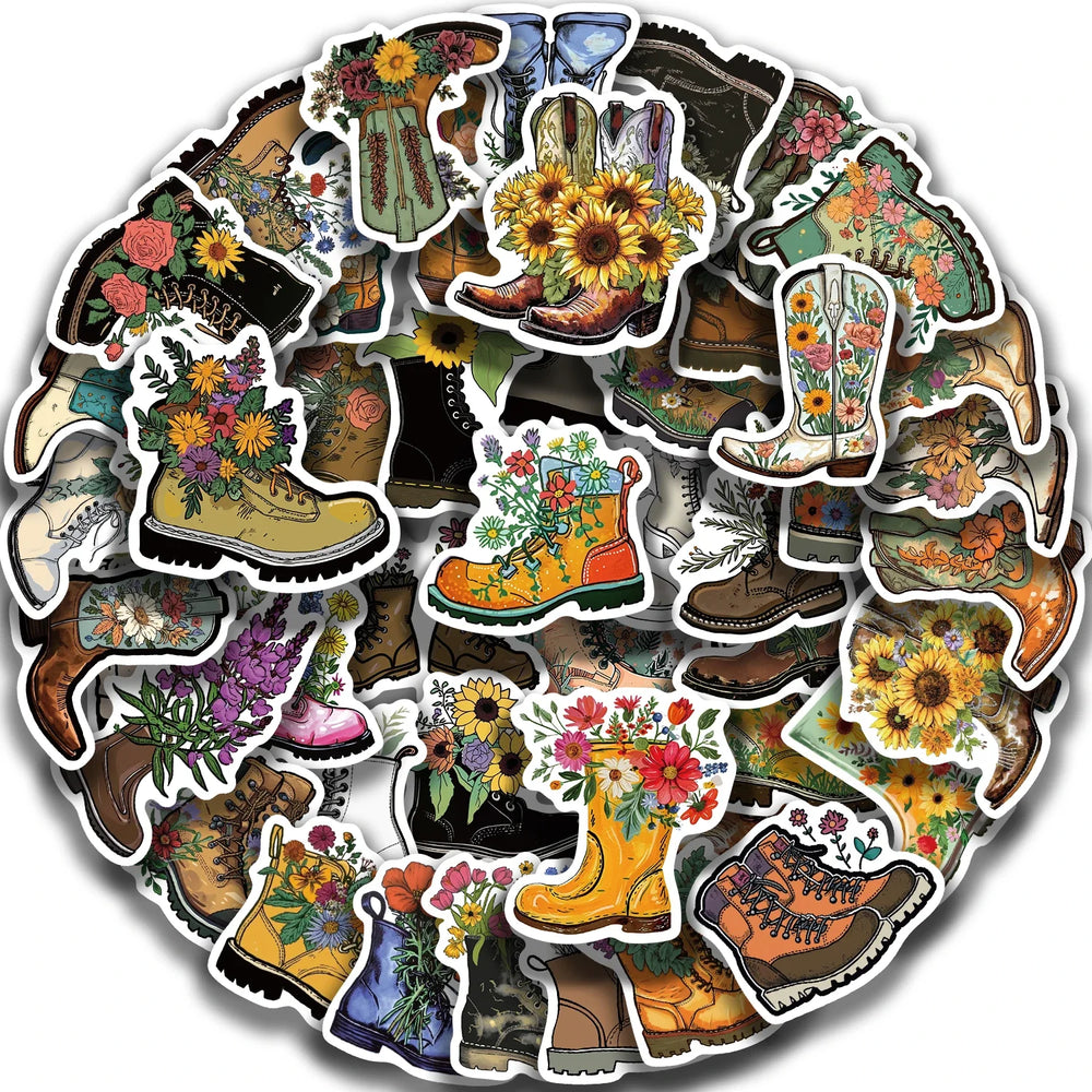 50pcs Vintage Flowers Boots Graffiti Stickers  DIY Scrapbooking  Waterproof Sticker For Laptop Phone Guitar Luggage (Online Order Only)
