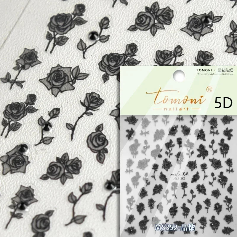 Pale Flower Bouquet Label Bowknot Stationery Sunflower Daisy Leaf 3D Self Adhesive Nail Art Stickers Rhinestone Manicure Decals (Online Order Only)