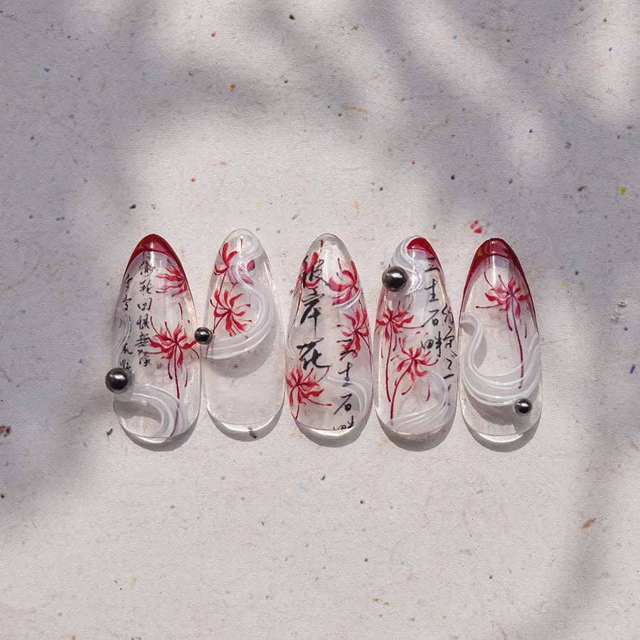 Pretty Red Equinox Flowers Tragedy Love Nine-tailed Fox Mask Manjusaka Chinese Style Soft Relief Nail Art Sticker Manicure Decal (ONLINE ORDER ONLY)