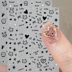 1Pc 3D Cute Black Silver Smile Dog Decals Y2K Cartoon Cat Footprint Nail Stickers Graffiti Star Heart DIY Manicure Slider Decor* (ONLINE ORDER ONLY)