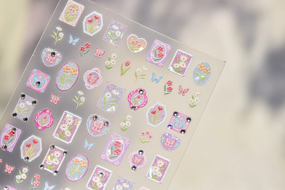 Retro Tulip Flowers Daisy Photo Frame Geometric Border Bowknot Butterfly Soft Relief Adhesive Nail Art Stickers Manicure Decals (ONLINE ORDER ONLY)