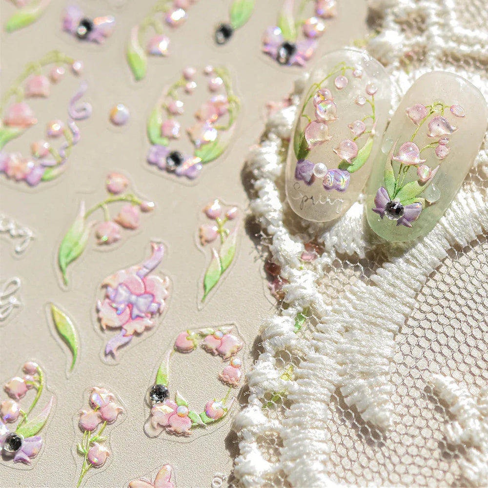 Lily of The Valley Star Spring Flower Bowknot Butterfly Water Bubbles Self Adhesive Nail Art Stickers Rhinestone Manicure Decals (ONLINE ORDER ONLY)