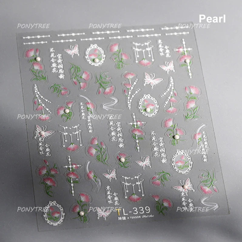 Mountain Flower Peach Blossom Vibrant Flowers Green Leaves Antique Chic Self Adhesive Nail Art Stickers Spring 3D Manicure Decal (ONLINE ORDER ONLY)