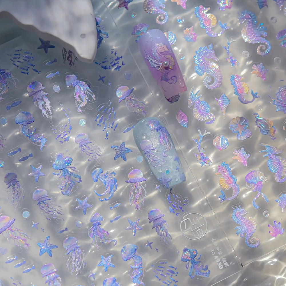 Romantic Mermaid Tail Water Bubbles Seahorse Shell Starfish Coral Pearl Pendant Self Adhesive Nail Art Stickers Manicure Decals (Online Order Only)