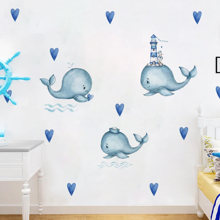 Watercolor Whale Heart Wall Stickers Nursery Vinyl Decals Art Murals (Online Order Only)