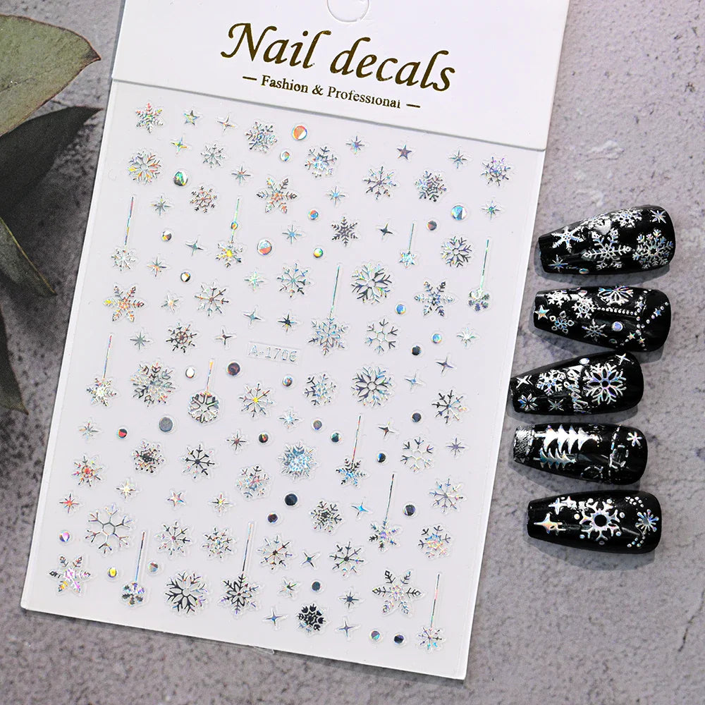 3D Gold Glitter Snowflake Nail Sticker Winter Reflective Elk Star Balloon Christmas Tree Foil Xmas New Year Decal Tips Decoratio (ONLINE ORDER ONLY)