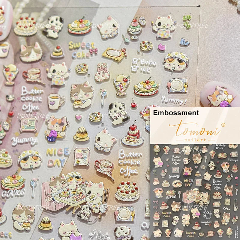 Cute Cat Cherry Sweet Cake Dog Butter Cookie Coffee Strawberry Jam Ice Cream Adhesive Nail Art Decoration Sticker Manicure Decal (Online Order Only)