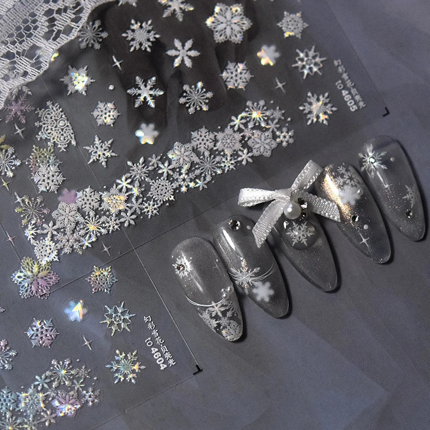 Winter Dreamy Hot Stamping Romantic White Pink Snowflakes Hexagon 3D Self Adhesive Nail Art Stickers Christmas Manicure Decals (ONLINE ORDER ONLY)