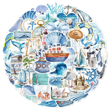 10/50PCS Ins Style Blue Ocean Travel Stickers Sea Fish Graffiti Decals for Phone Laptop Guitar Luggage Skateboard Car Sticker (ONLINE ORDER ONLY)