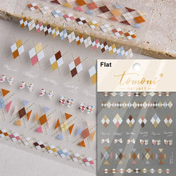 French Style Colorful Square Grid Rhombus Stripe Bowknot Line 3D Self Adhesive Nail Art Stickers Shiny Rhinestone Manicure Decal (Online Order Only)
