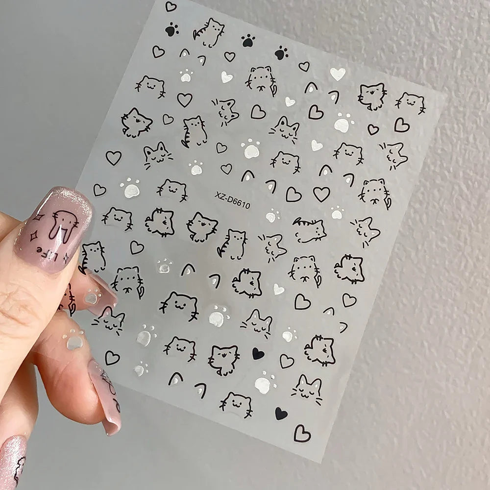 1Pc 3D Cute Black Silver Smile Dog Decals Y2K Cartoon Cat Footprint Nail Stickers Graffiti Star Heart DIY Manicure Slider Decor* (ONLINE ORDER ONLY)