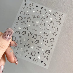 1Pc 3D Cute Black Silver Smile Dog Decals Y2K Cartoon Cat Footprint Nail Stickers Graffiti Star Heart DIY Manicure Slider Decor* (ONLINE ORDER ONLY)