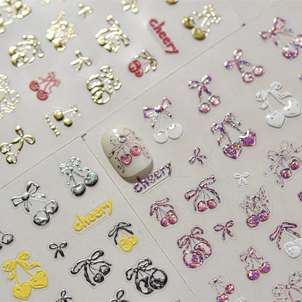Lovely Red Heart Crystal Cherry Fruit Bowknot Letter Gold Pink Self Adhesive Nail Art Sticker Delicate Rhinestone Manicure Decal (ONLINE ORDER ONLY)