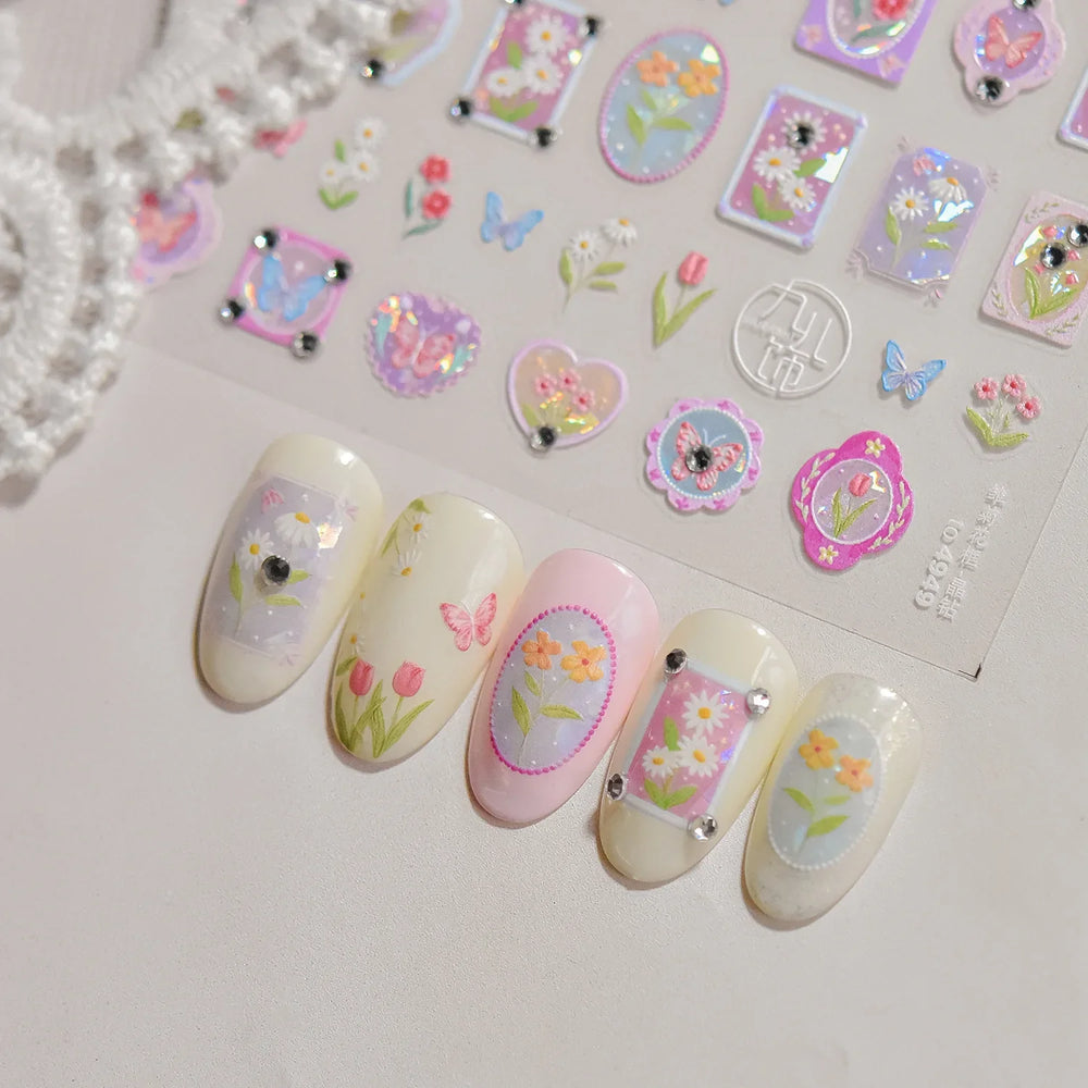 Retro Tulip Flowers Daisy Photo Frame Geometric Border Bowknot Butterfly Soft Relief Adhesive Nail Art Stickers Manicure Decals (ONLINE ORDER ONLY)
