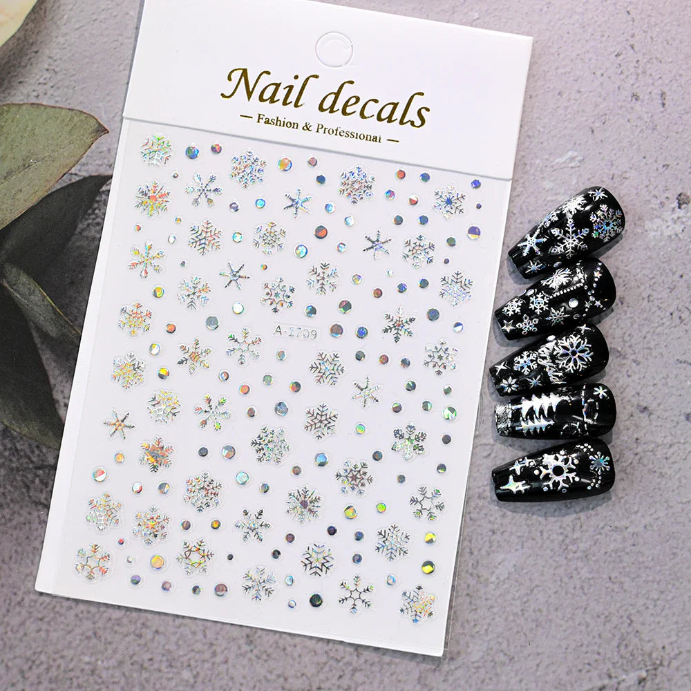 3D Gold Glitter Snowflake Nail Sticker Winter Reflective Elk Star Balloon Christmas Tree Foil Xmas New Year Decal Tips Decoratio (ONLINE ORDER ONLY)
