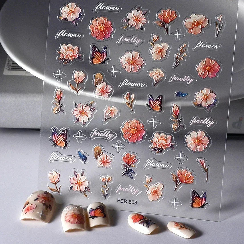 Red Plum Blossom Flower Chinese 3D Self Adhesive Nail Art Decoration Stickers Cheongsam Iris Lily Lotus Vase 5D Manicure Decals (ONLINE ORDER ONLY)
