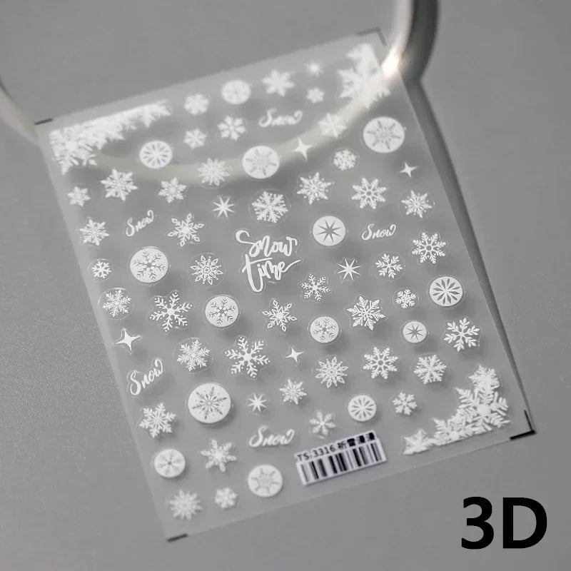 Winter Dreamy Hot Stamping Romantic White Pink Snowflakes Hexagon 3D Self Adhesive Nail Art Stickers Christmas Manicure Decals (ONLINE ORDER ONLY)