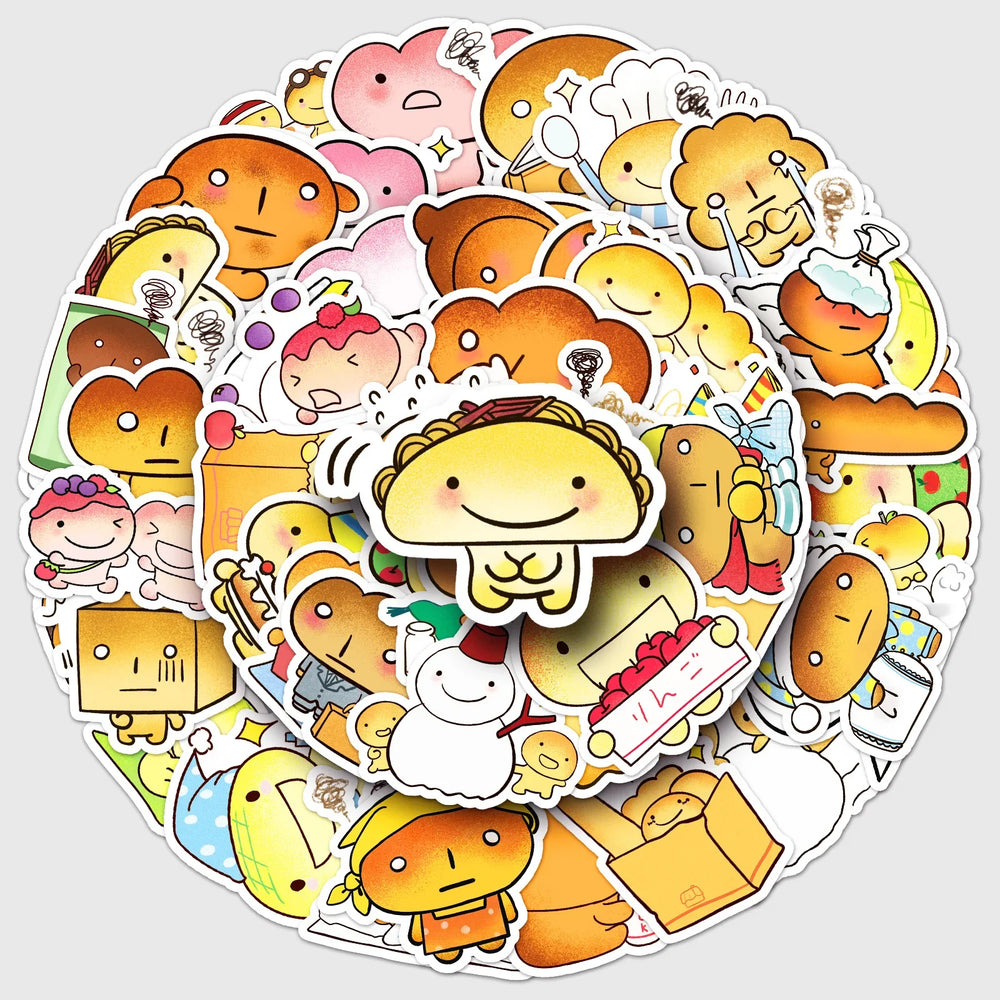 50Pcs Cute Cartoon Grilled Bread Waterproof Stickers for Skateboard and Home Decor (Online Order Only)